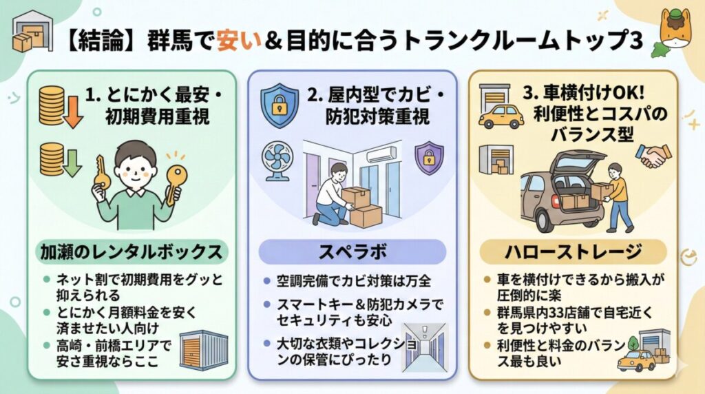 迷ったらここ!群馬で安い&目的に合うトランクルームトップ3【結論】をわかりやすく図解