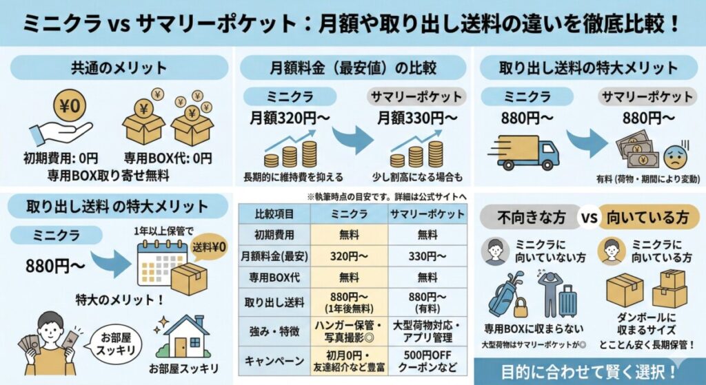 ミニクラとサマリーポケットの月額や取り出し送料の違いは?をわかりやすく図解