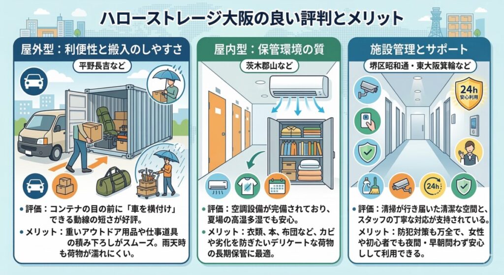 ハローストレージ大阪の良い評判とメリット 図解イラスト