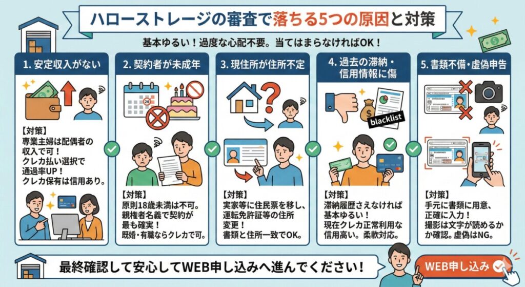 ハローストレージの審査で落ちる5つの原因と対策をわかりやすく図解