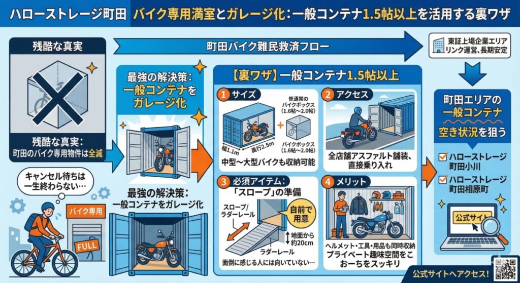 ハローストレージ町田のバイク専用満室とガレージ化とは?一般コンテナ1.5帖以上を活用する裏ワザ