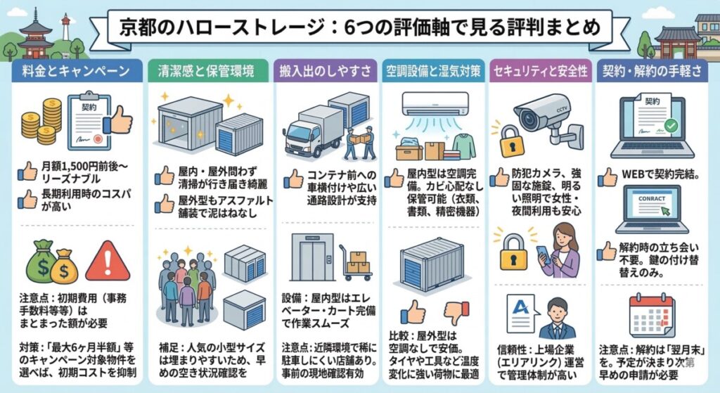 京都のハローストレージ:6つの評価軸で見る評判まとめ 図解イラスト