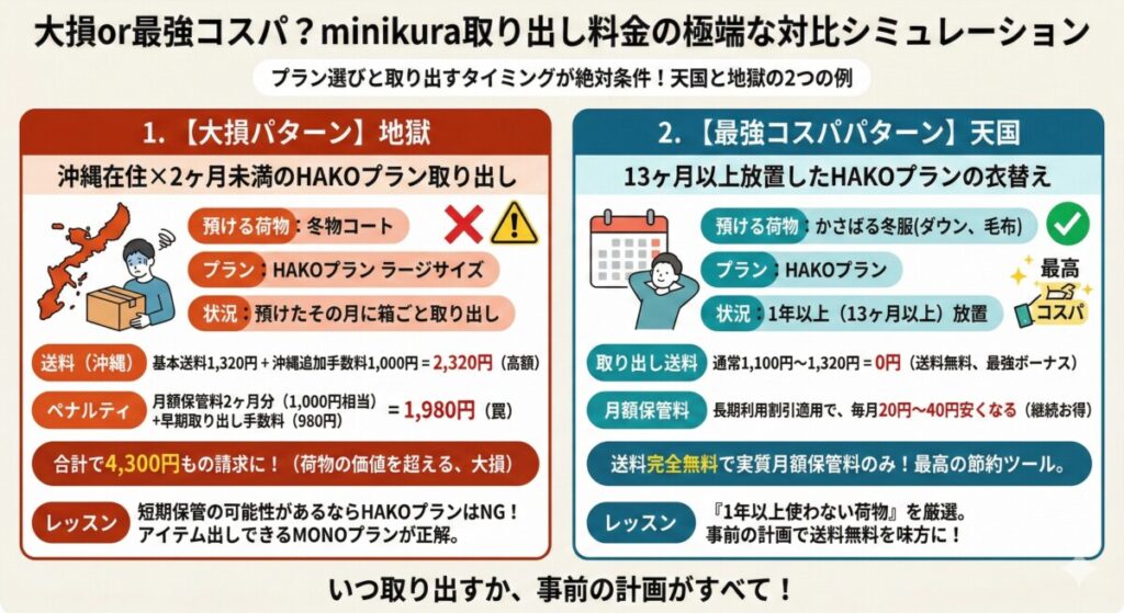 大損or最強コスパ?minikura取り出し料金の極端な対比シミュレーションをわかりやすく図解