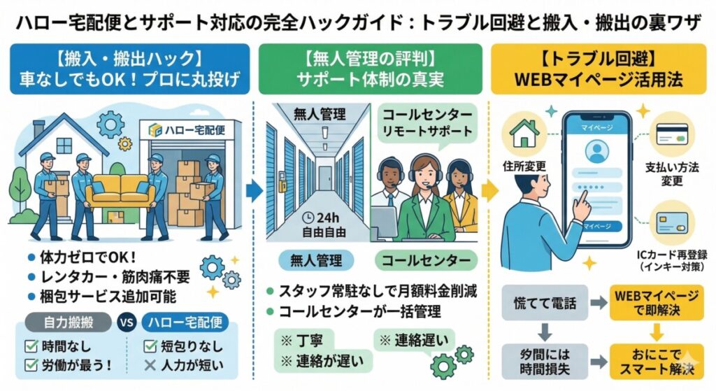 ハロー宅配便とサポート対応の評判とは?無人管理と搬入・搬出ハックの裏ワザ