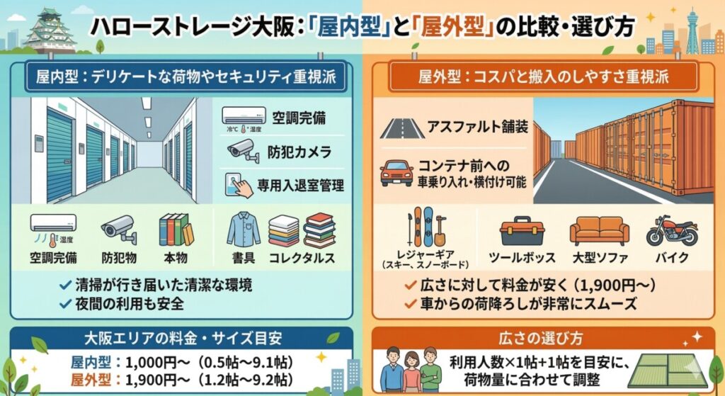 ハローストレージ大阪:「屋内型」と「屋外型」の比較・選び方 図解イラスト