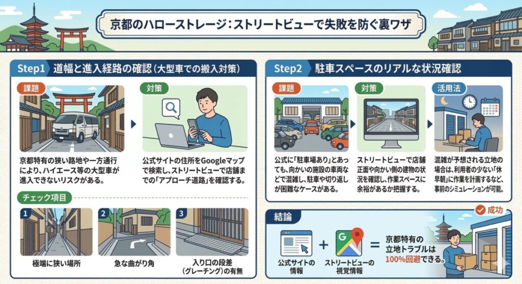 京都のハローストレージ:ストリートビューで失敗を防ぐ裏ワザ 図解イラスト