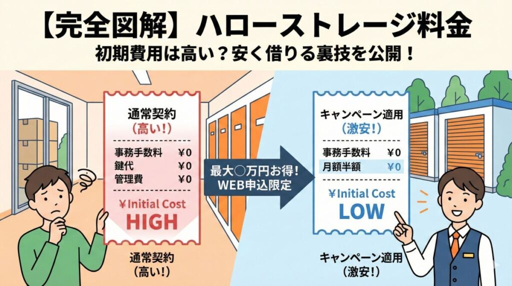 【完全図解】ハローストレージの料金は高い？初期費用の内訳と安く借りるキャンペーン活用術のアイキャッチ