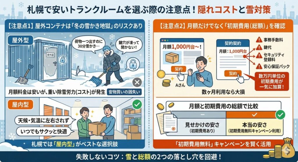 2. 札幌で安いトランクルームを選ぶ際の注意点!隠れコストと雪対策