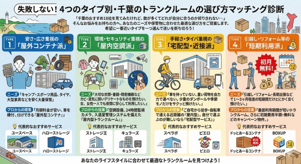 失敗しない!4つのタイプ別・千葉のトランクルームの選び方マッチング診断をわかりやすく図解