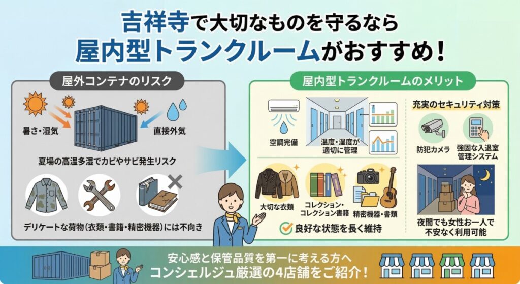 吉祥寺周辺で空調完備・安心のトランクルームを選ぶポイント 図解イラスト