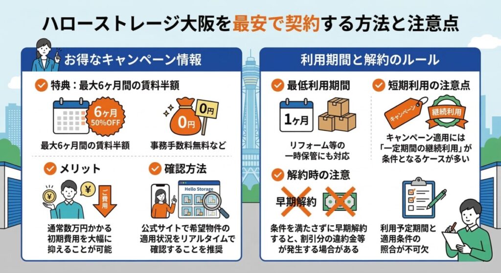ハローストレージ大阪を最安で契約する方法と注意点 図解イラスト