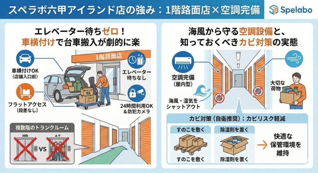 スペラボ六甲アイランドならではのメリット!1階路面店×空調完備の強み