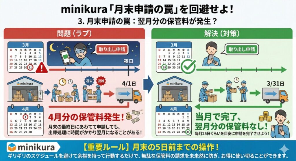 3. 月末申請の罠:取り出しタイミングで翌月分の保管料が発生?をわかりやすく図解