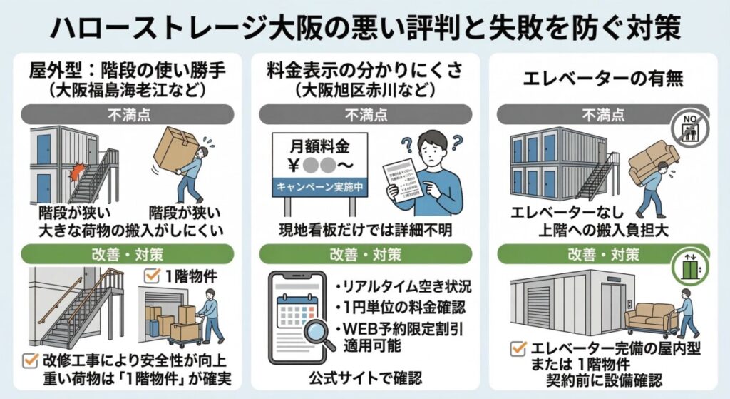 ハローストレージ大阪の悪い評判と失敗を防ぐ対策 図解イラスト