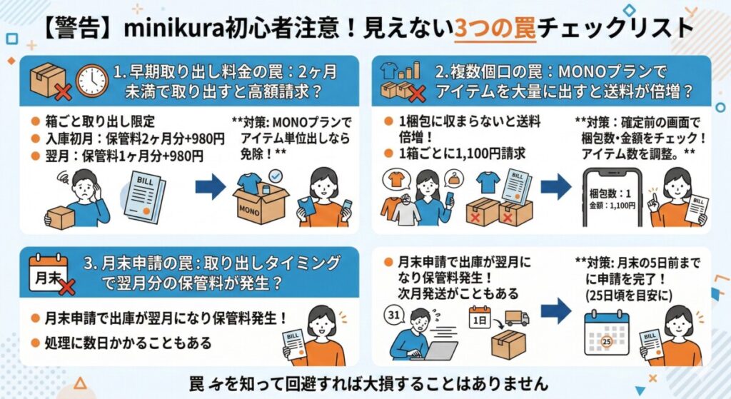 【警告】minikuraの取り出し料金で初心者が陥る「見えない3つの罠」チェックリストをわかりやすく図解