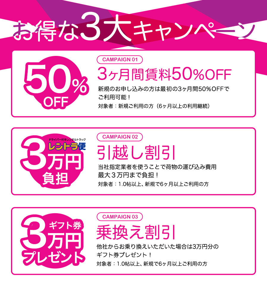 トランクルーム東京 お得な3大キャンペーン