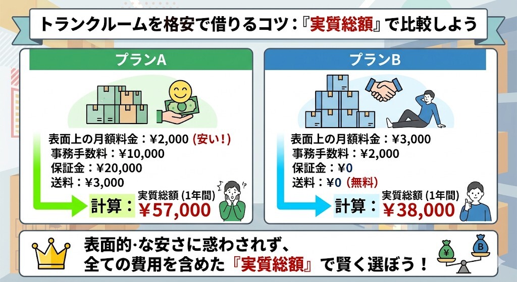 トランクルームを格安で借りるためには、月額料金だけでなく「初期費用」や「送料」を含めた実質総額で比較することが最も重要であることをわかりやすく図解