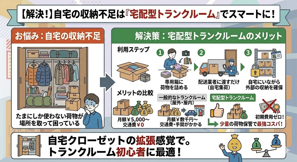 収納不足をスマートに解決したい方には、初期費用ゼロで手軽に始められる宅配型トランクルームが最適であることをわかりやすく図解