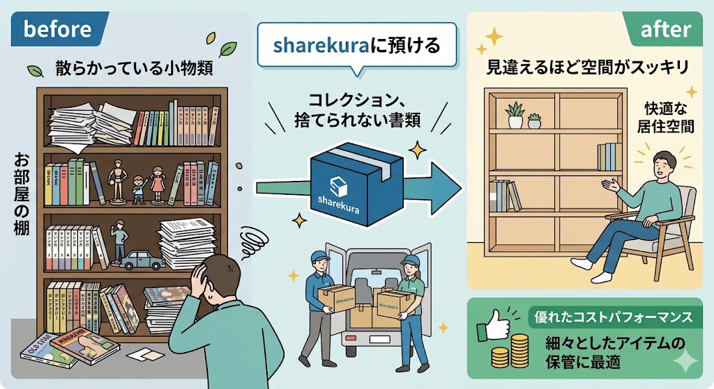 文庫本やコレクションアイテム、捨てられない書類など、細々としたアイテムの保管に用途を絞れば、これほどコストパフォーマンスに優れたサービスは他になく、お部屋の棚を占領している小物類をsharekuraに預けるだけで、見違えるほど空間がスッキリすることをわかりやすく図解