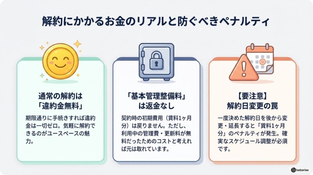ユースペース解約時に違約金は発生する?基本管理整備料の返金は?