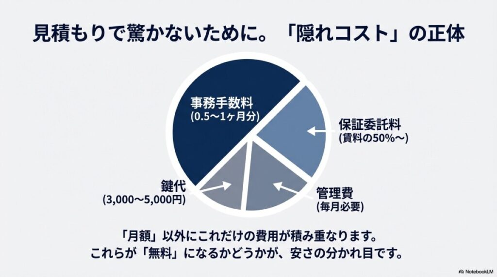 月額以外にかかる隠れコスト(事務手数料、鍵代、保証委託料、管理費)