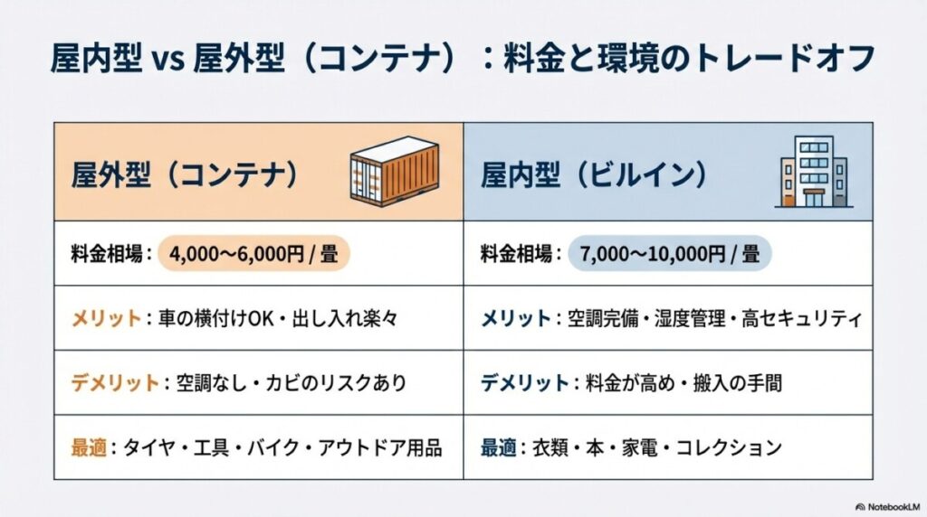 屋内型と屋外型(コンテナ)の料金相場はどれくらい違う?