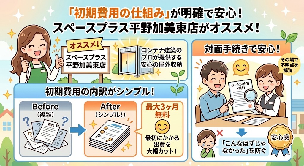 初期費用の仕組みが明確で、安心して契約したい方にはスペースプラス平野加美東店をおすすめということをわかりやすく図解