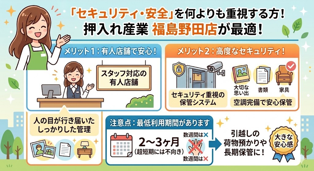 セキュリティや荷物の安全な管理を何よりも重視する方には、押入れ産業 福島野田店が最適ということをわかりやすく図解