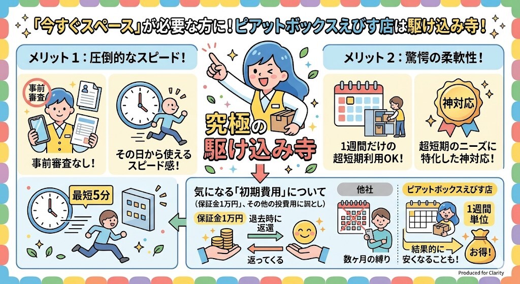 急な引っ越しや一時的な荷物避難で、今すぐスペースが必要な方にはピアットボックスえびす店が究極の駆け込み寺になることをわかりやすく図解