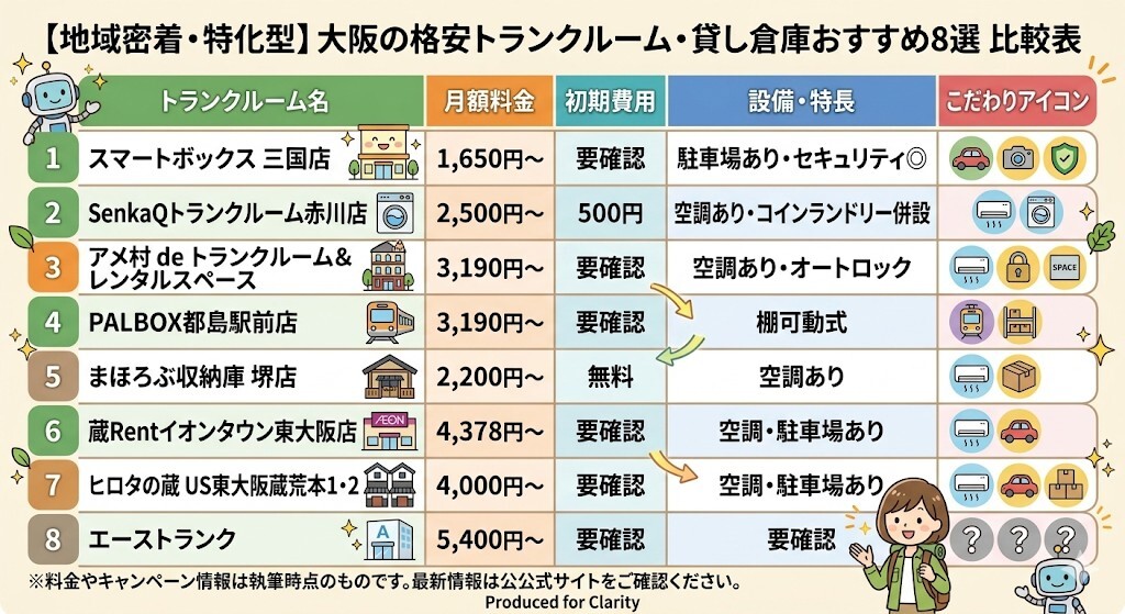【地域密着・特化型】大阪の格安トランクルーム・貸し倉庫おすすめ8選をわかりやすく図解
