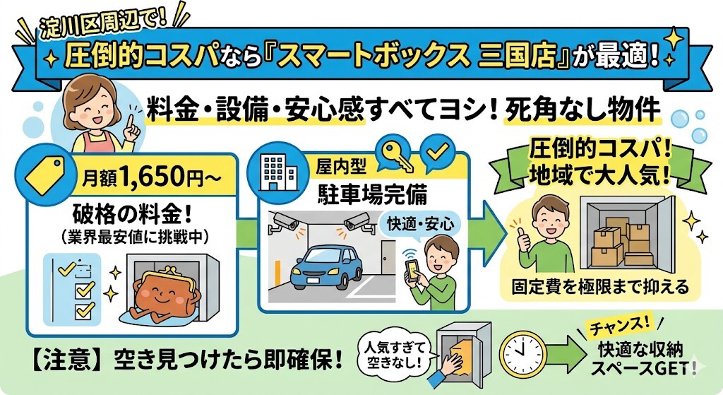 淀川区周辺で、圧倒的なコストパフォーマンスを求める方にはスマートボックス 三国店が最適ということをわかりやすく図解