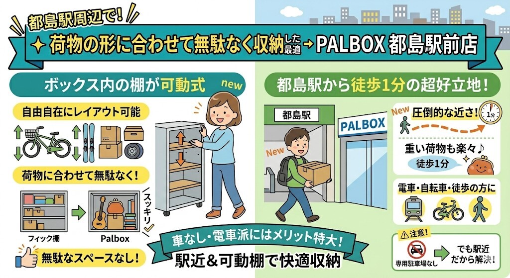 都島駅周辺で、荷物の形に合わせて無駄なく収納したい方にはPALBOX都島駅前店がおすすめということをわかりやすく図解