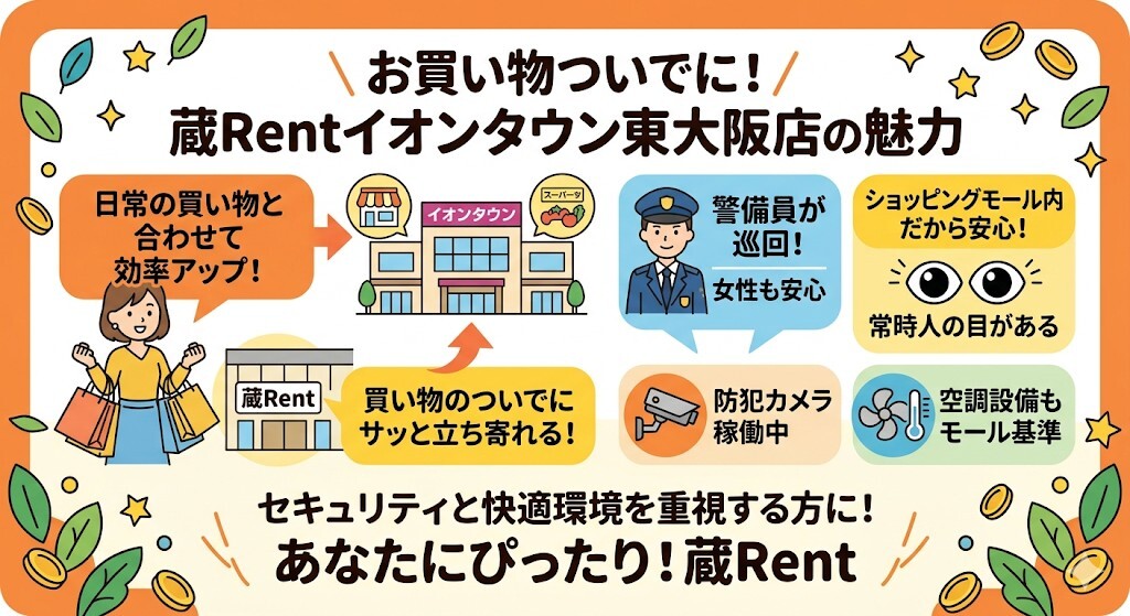 日常の買い物と合わせて効率よく荷物を出し入れしたい方には、蔵Rentイオンタウン東大阪店がぴったりということをわかりやすく図解