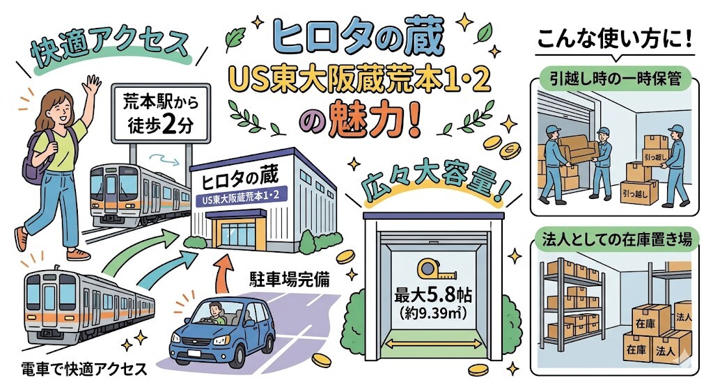 広々としたスペースを、車でも電車でも快適に利用したい方にはヒロタの蔵 US東大阪蔵荒本1・2がおすすめということをわかりやすく図解