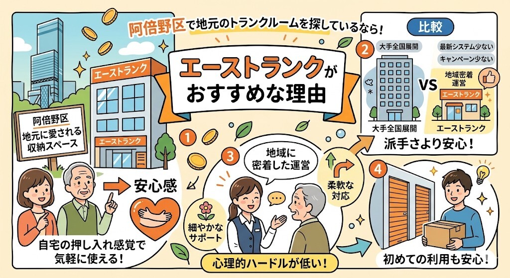 阿倍野区周辺で、親しみやすい地元のトランクルームを探している方には、エーストランクがおすすめということをわかりやすく図解