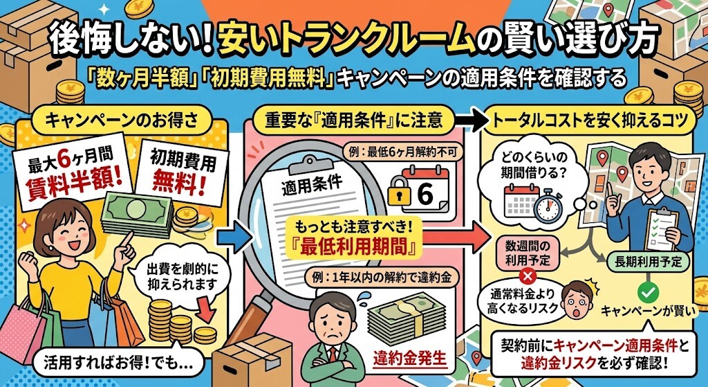 大阪で後悔しない安いトランクルームの選び方:「数ヶ月半額」「初期費用無料」キャンペーンの適用条件を確認するをわかりやすく図解