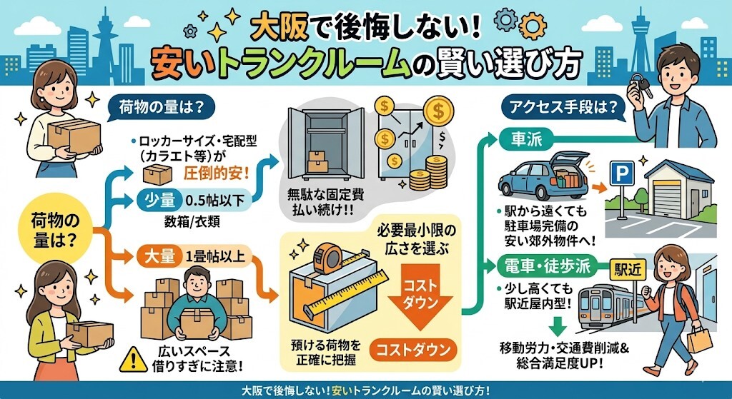 大阪で後悔しない安いトランクルームの選び方:荷物量・利用期間・アクセス(車の有無)に合わせて無駄な広さを省くをわかりやすく図解