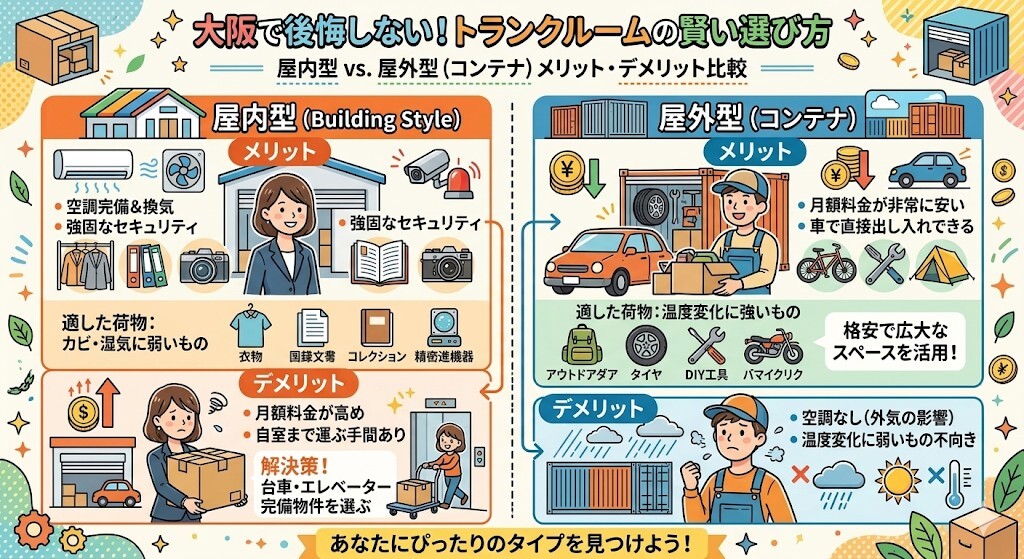 大阪で後悔しない安いトランクルームの選び方:屋内型と屋外型(コンテナ)のメリット・デメリットを比較をわかりやすく図解