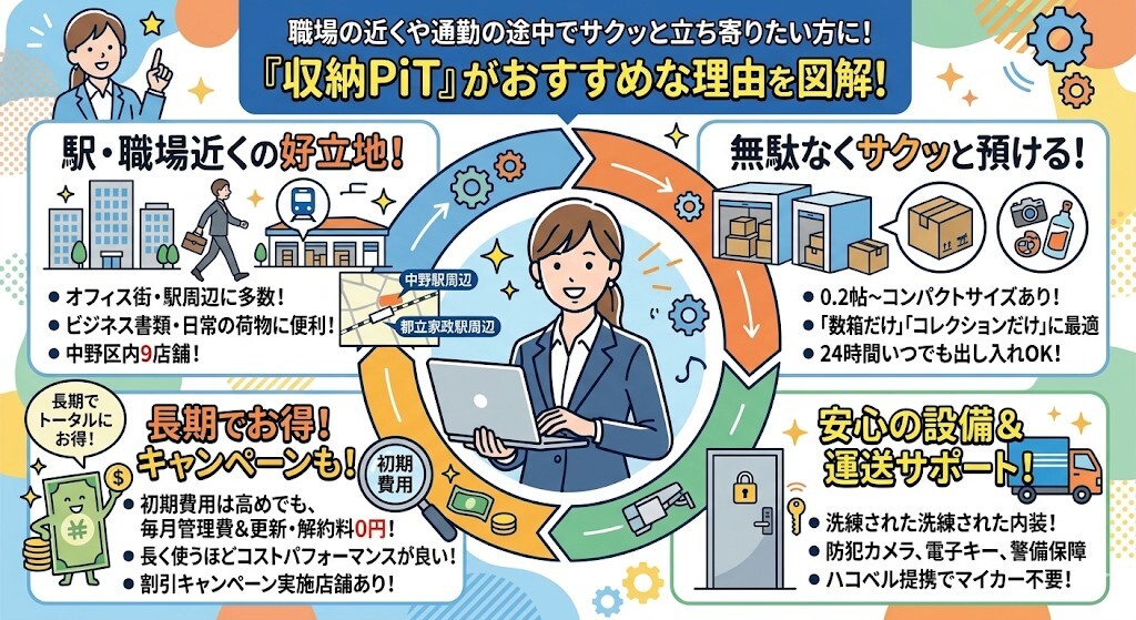 職場の近くや通勤の途中でサクッと立ち寄りたい方には、収納PiTがおすすめということをわかりやすく図解