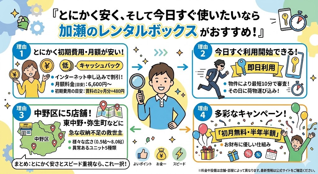 とにかく契約時の初期費用と毎月の出費を安く抑えたいなら、加瀬のレンタルボックスが有力な候補になることをわかりやすく図解