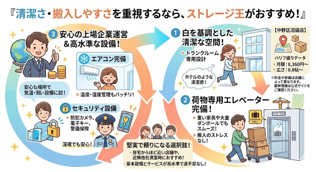 建物の清潔さや、荷物の運び入れやすさを重視する方には、ストレージ王がおすすめということをわかりやすく図解