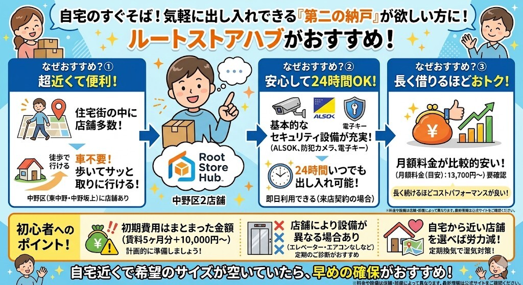自宅のすぐそばで、気軽に出し入れできる「第二の納戸」が欲しい方には、ルートストアハブがおすすめということをわかりやすく図解