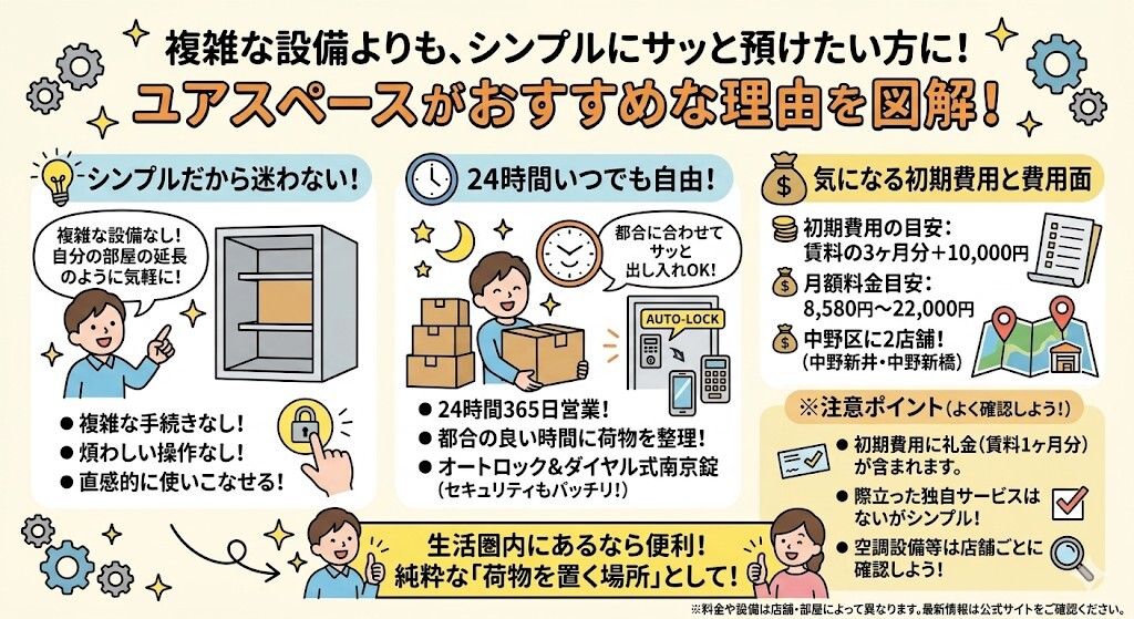 複雑な設備よりも、シンプルにサッと荷物を預けたい方には、ユアスペースがおすすめということをわかりやすく図解