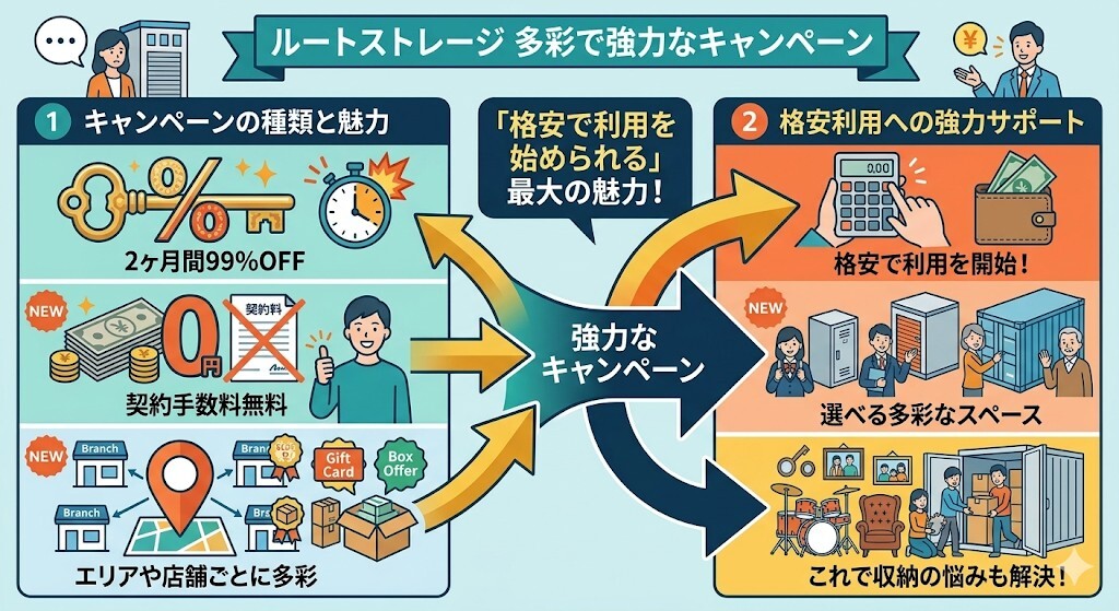 ルートストレージの各種キャンペーンをわかりやすく図解