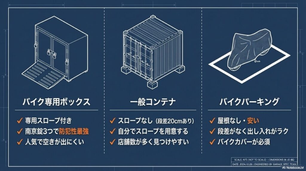ハローストレージのバイク保管スペース3種類を徹底比較(料金・設備)