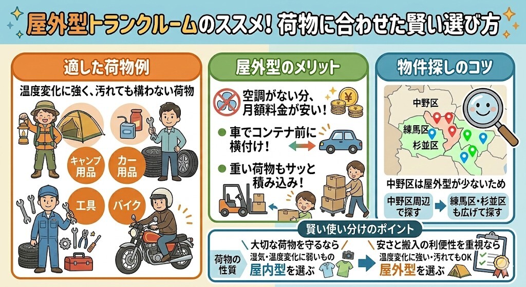 屋外型トランクルームが適している方と理由をわかりやすく図解