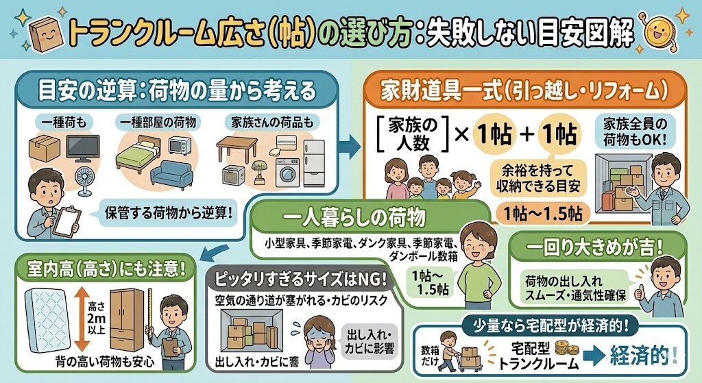 トランクルーム選びで失敗しない広さ(帖・畳)の目安をわかりやすく図解