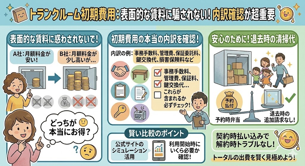 トランクルームの初期費用:表面的な月額料金だけでなく初期費用の内訳を確認をわかりやすく図解