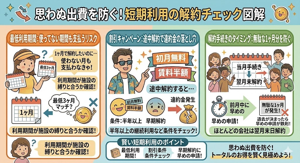 思わぬ出費を防ぐ解約手数料と最低利用期間のチェックをわかりやすく図解