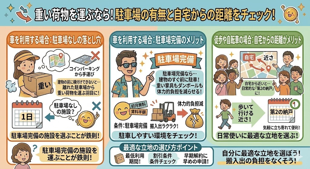 重い荷物を運ぶなら駐車場の有無と自宅からの距離をチェックをわかりやすく図解